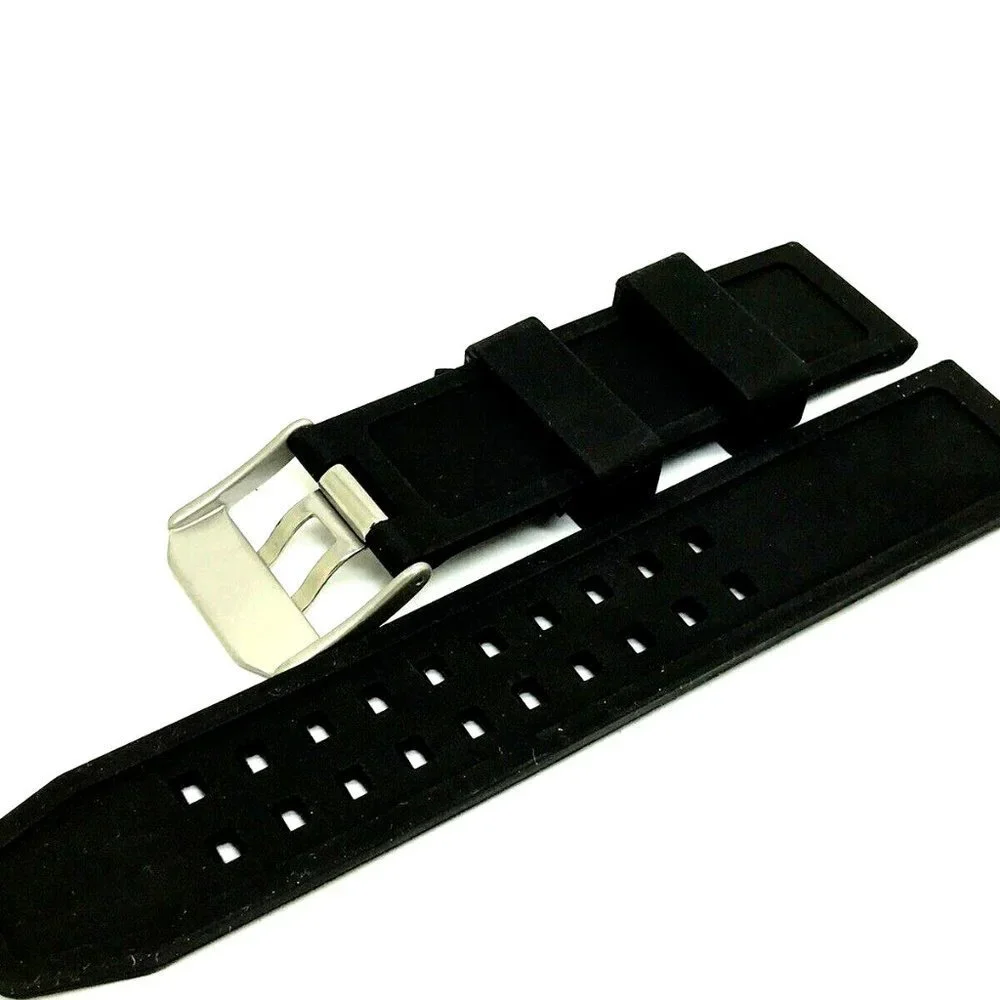 Men's Watch Band Replacement Black Rubber Strap 23mm Lug Silver Tone Buc…